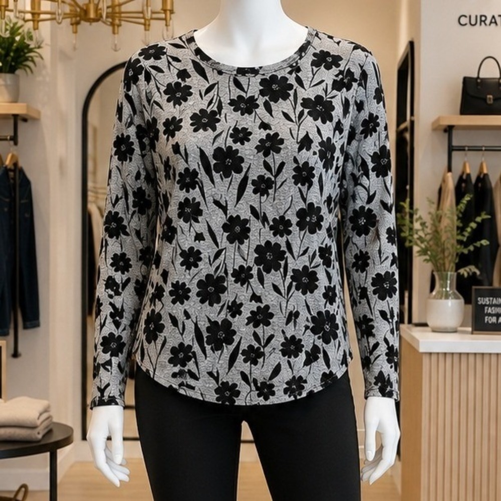 Bobeau Women Knit Top Grey Black Floral Print Long Sleeve SP